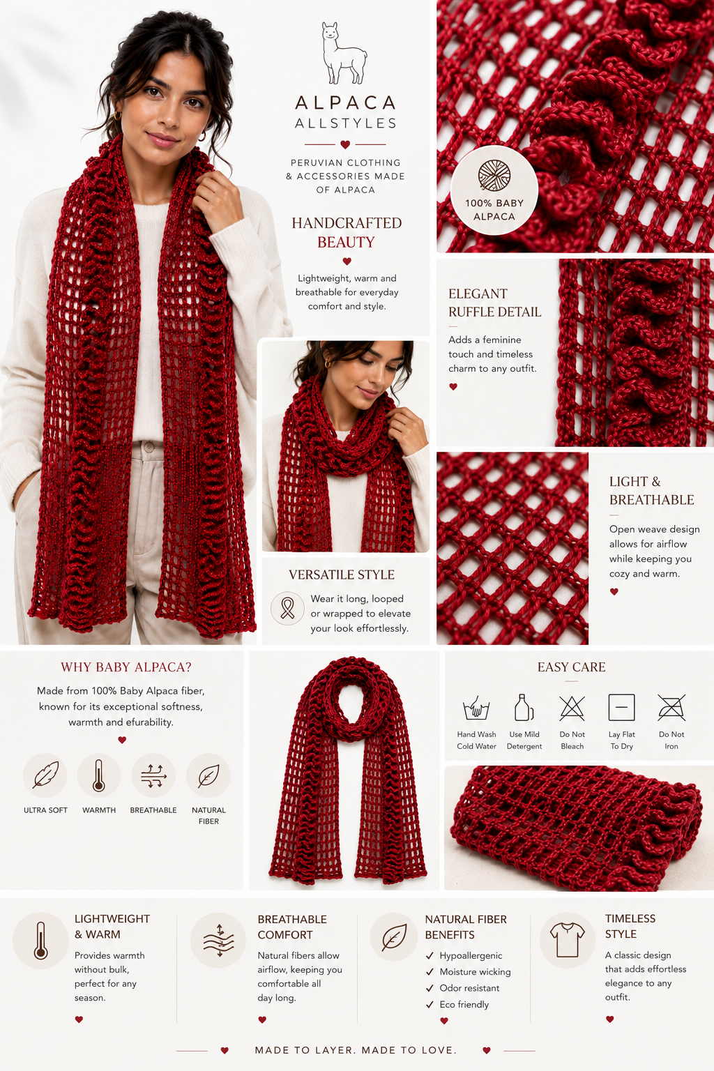 PRE-ORDER | Red Mist Handmade Baby Alpaca Crochet Scarf