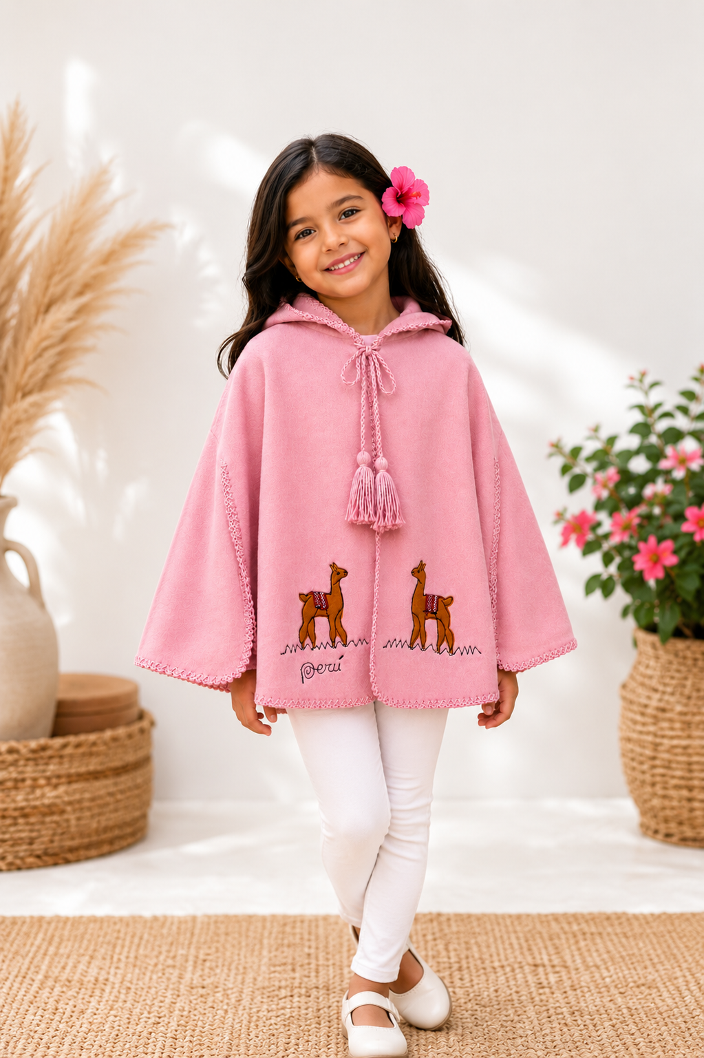 🌸 Little Andean Princess Alpaca Hooded Poncho – Pink