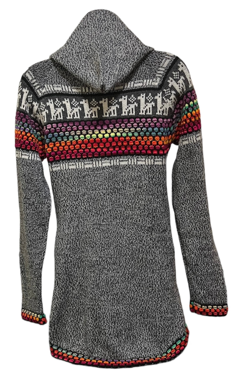 Light gray rainbow violet sweater.
