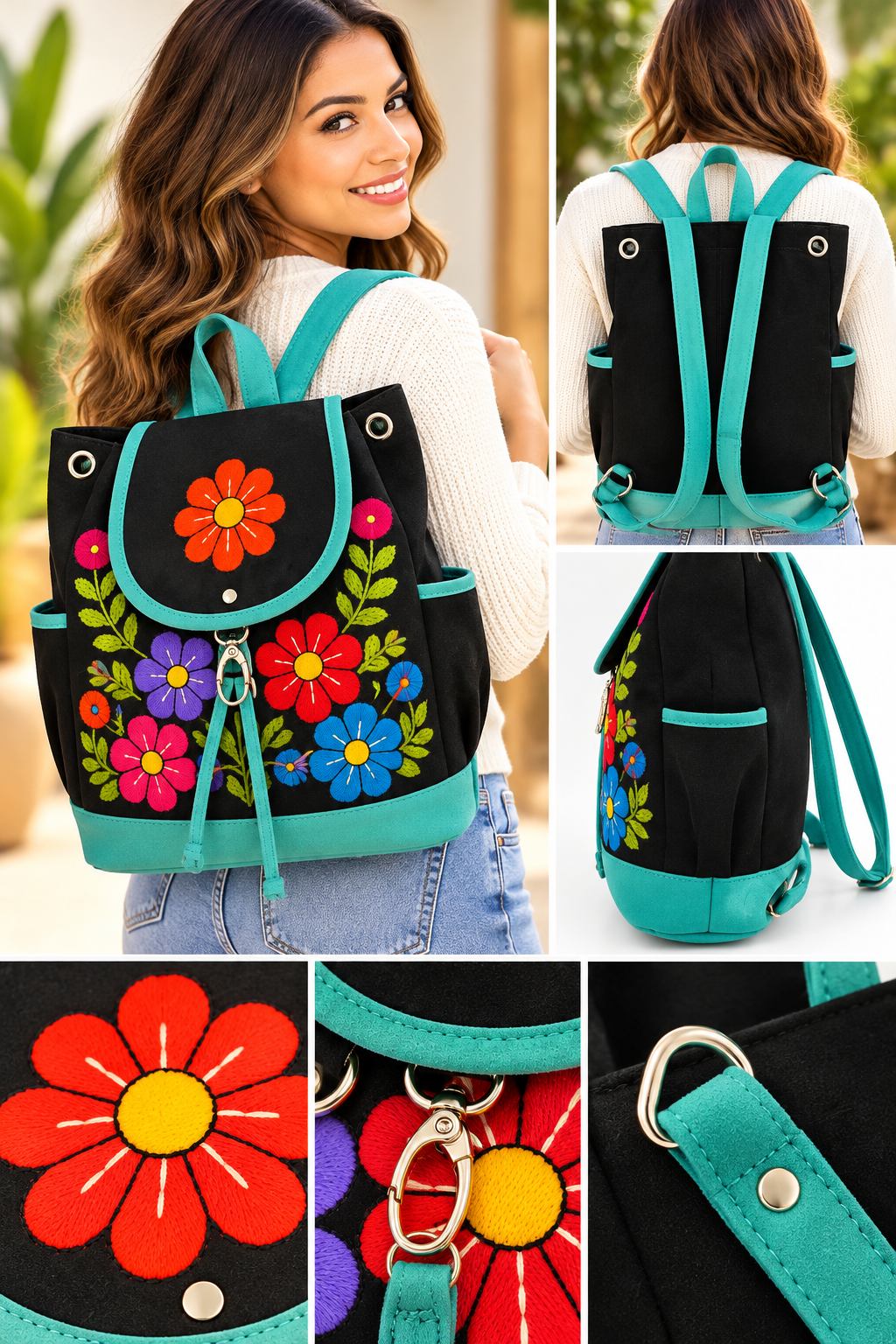 Andean Turquoise Bloom Embroidered Backpack – Made in Peru 🇵🇪