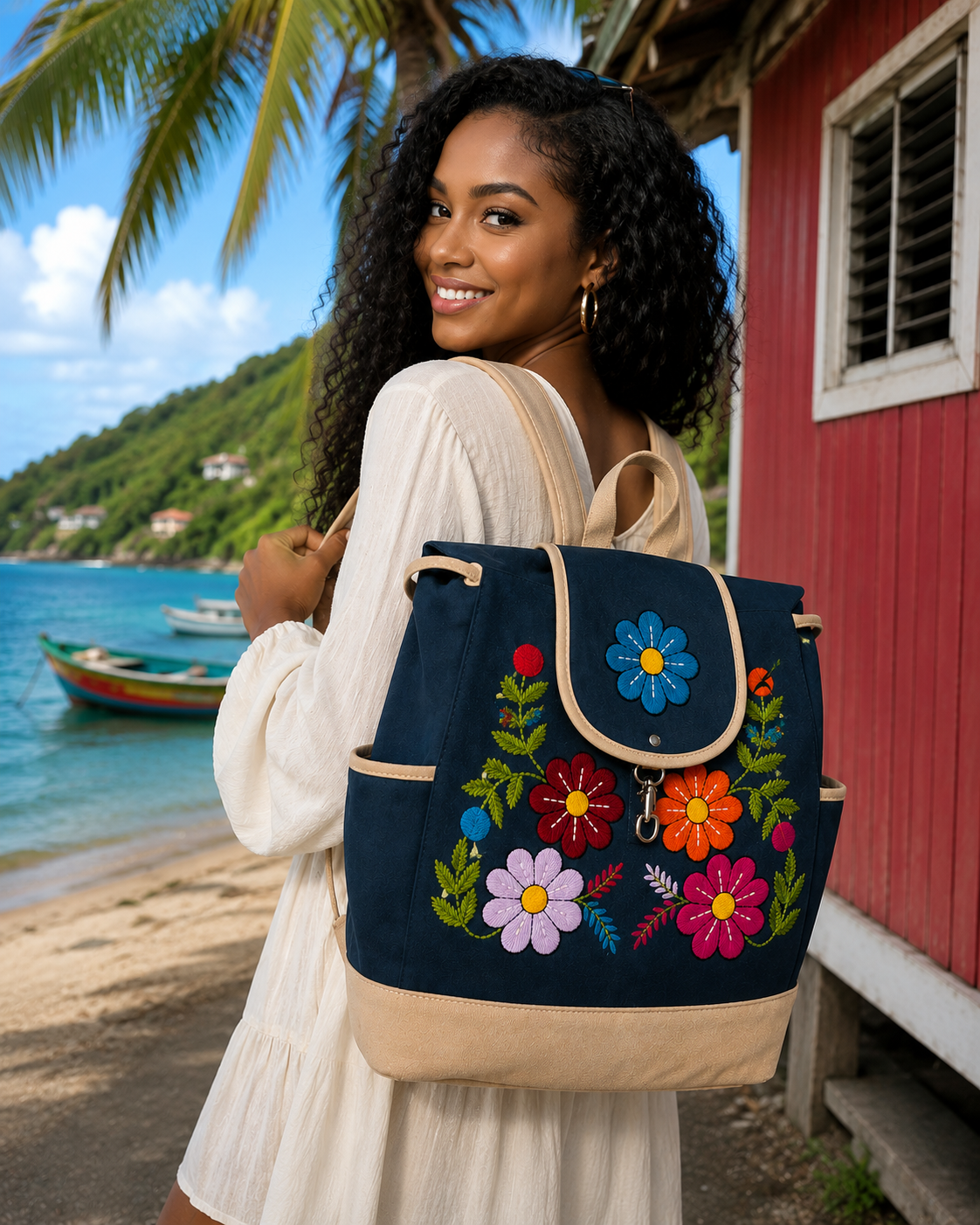 Andean Floral Embroidered Navy Backpack