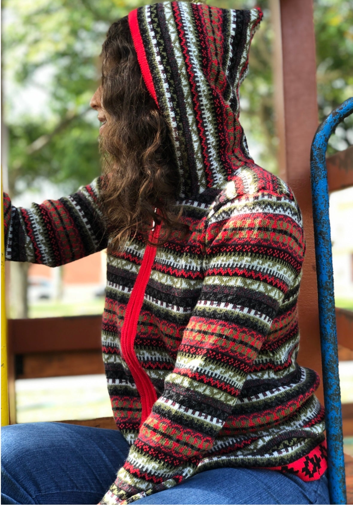 Lined Red Pattern Women Alpaca Sweater