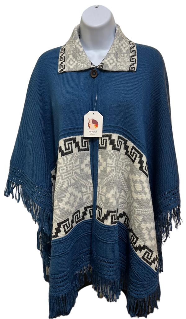 Blue Irish pattern designed alpaca cape