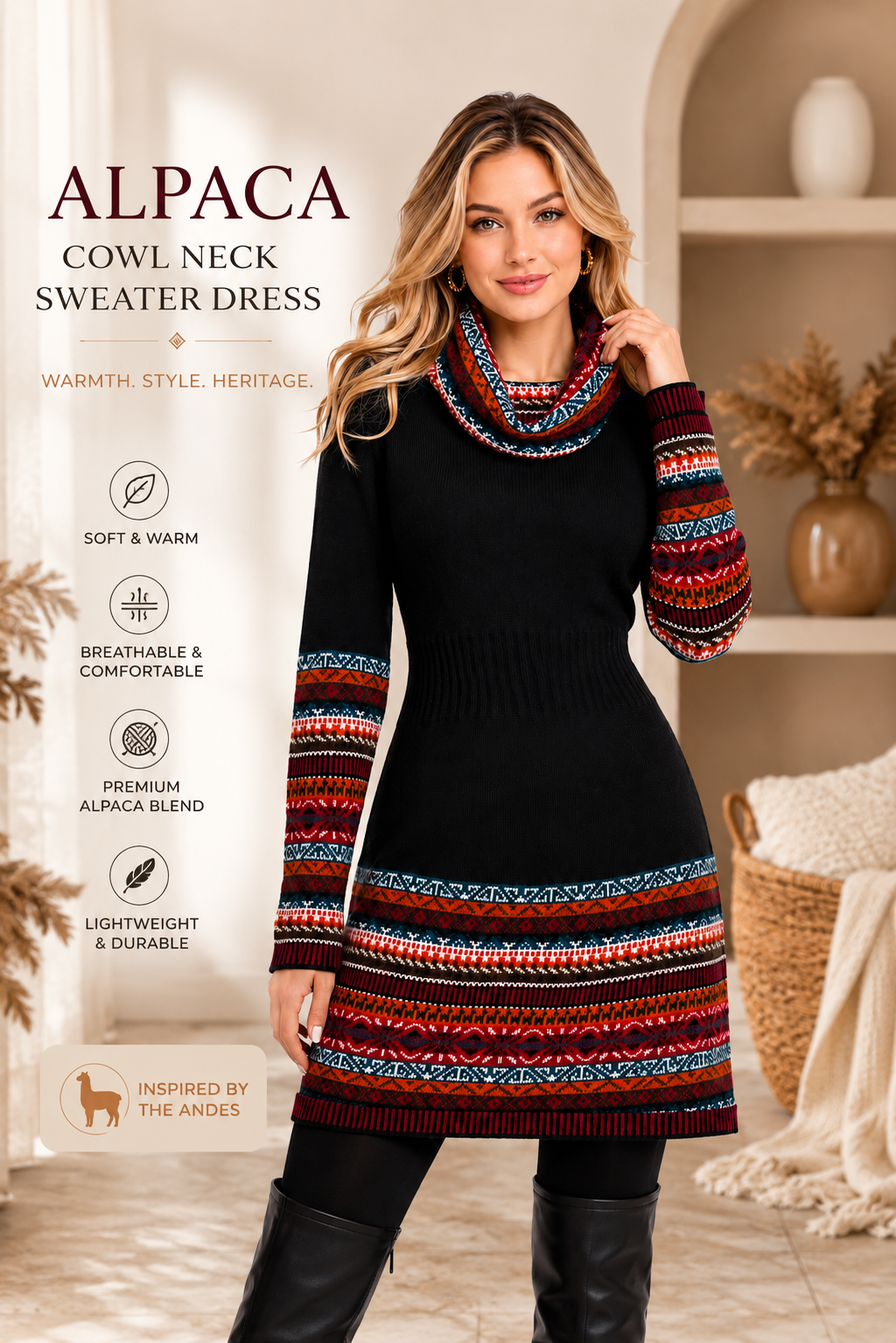 Andean Midnight Alpaca Cowl Neck Dress