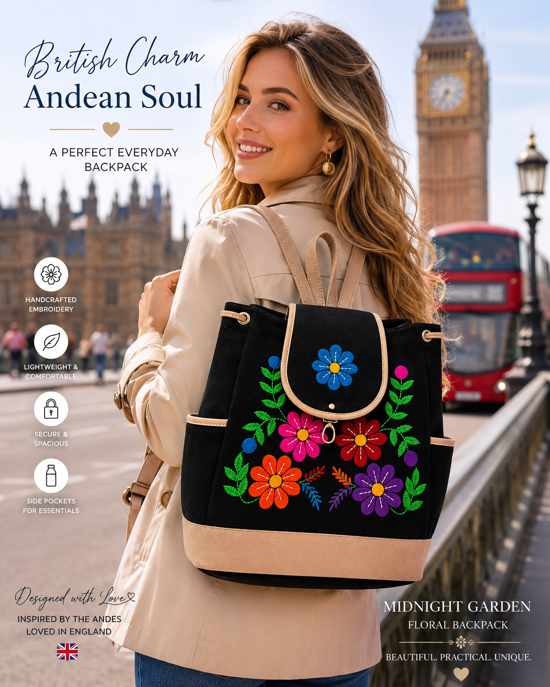 🌸 Andean Floral Embroidered Black Backpack
