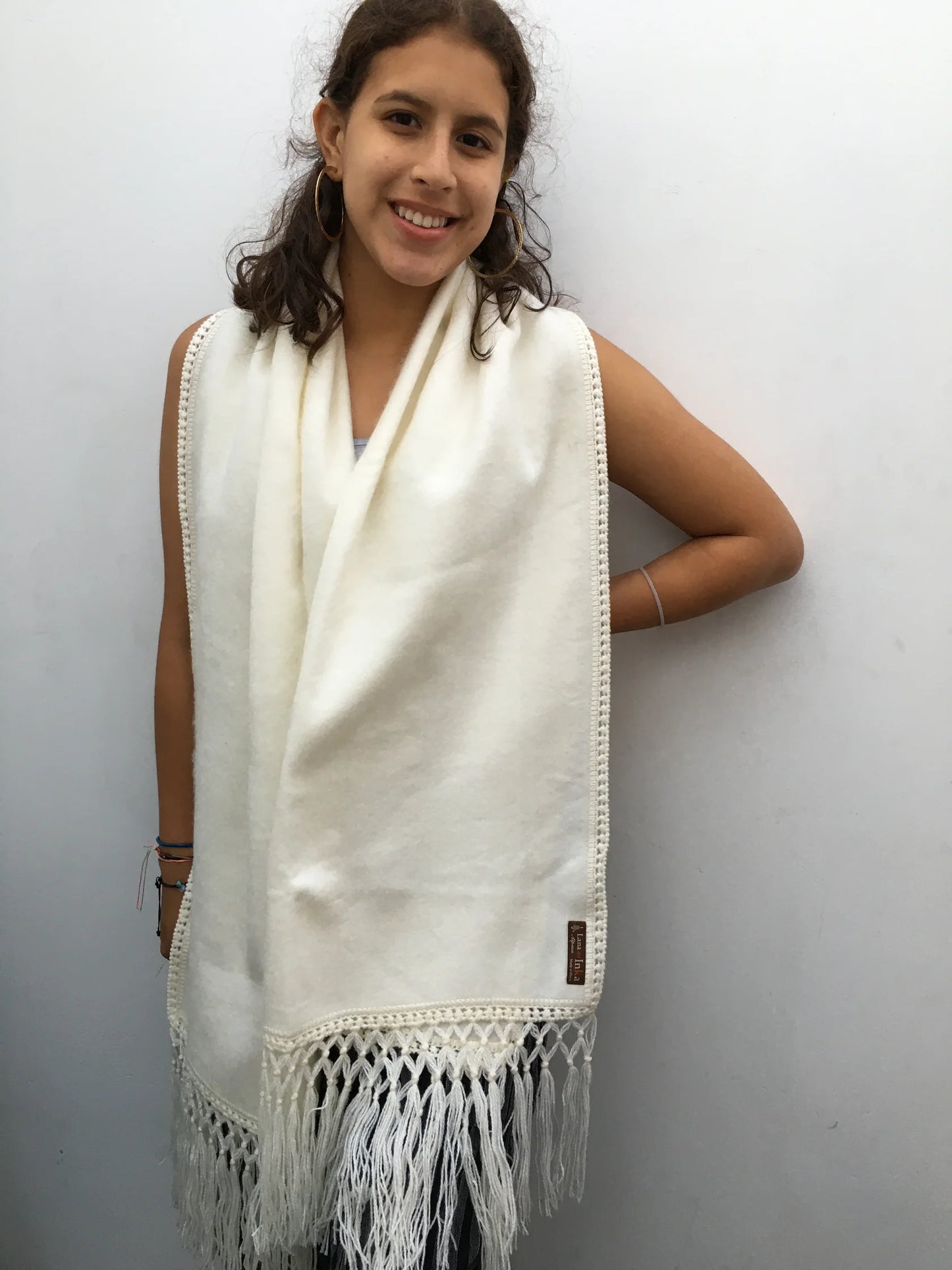 White Scarf With Braided Ends