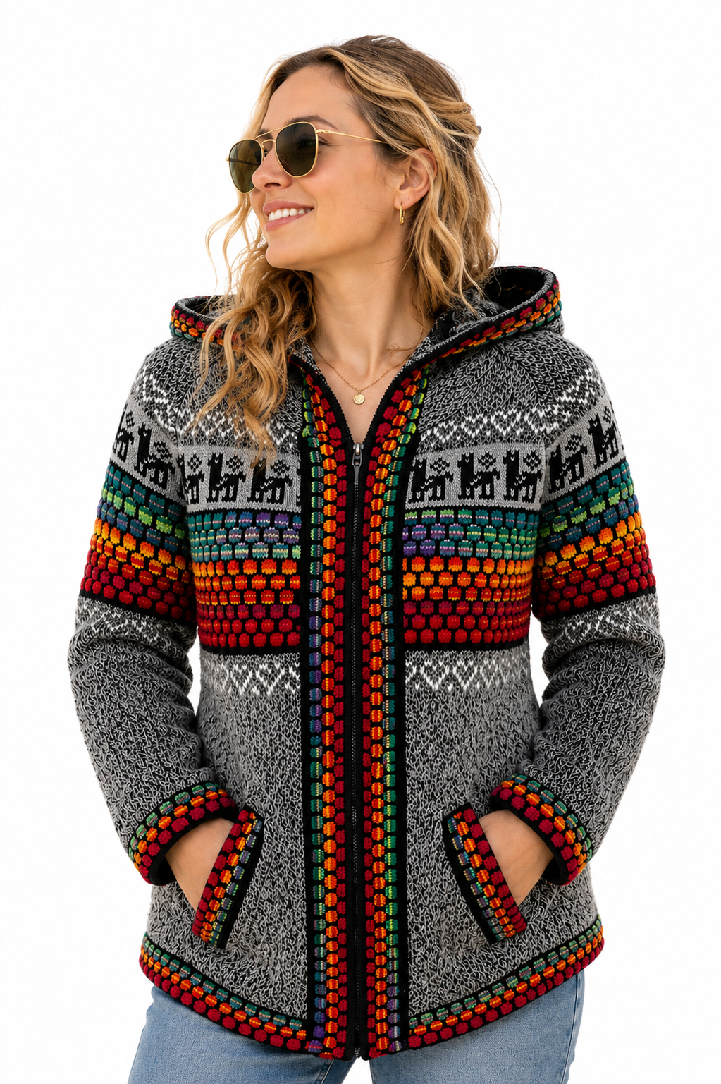 Alpaca light gray red rainbow woman sweater