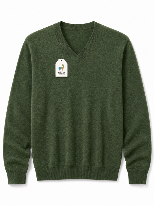 Olive Green Baby Alpaca V-Neck Sweater