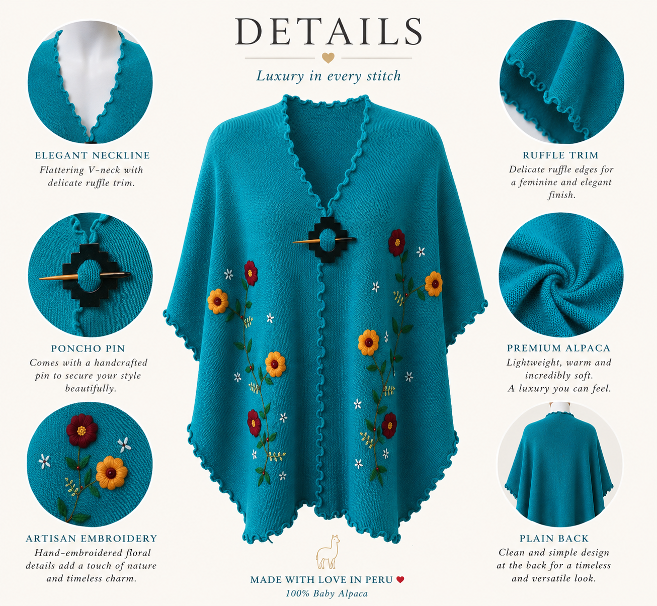 Turquoise Floral embroidery Alpaca Cape