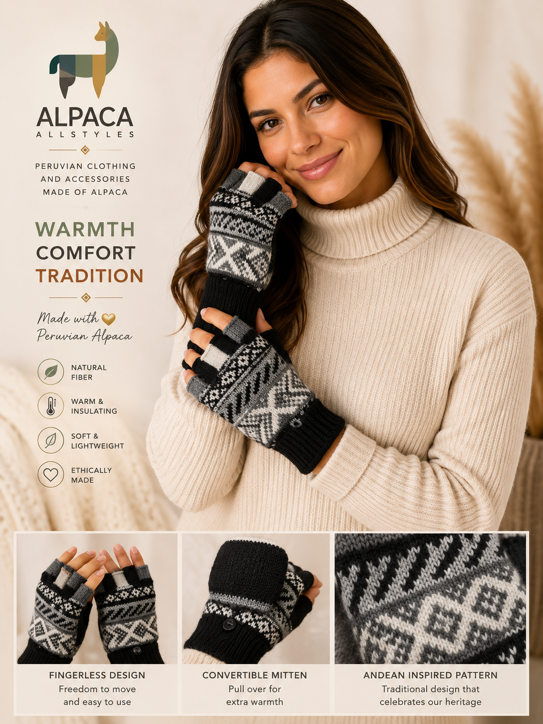 Andean Heritage Convertible Alpaca Gloves – Black & Ivory