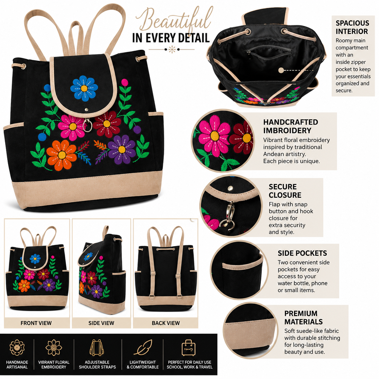 🌸  Andean Floral Embroidered Black Backpack