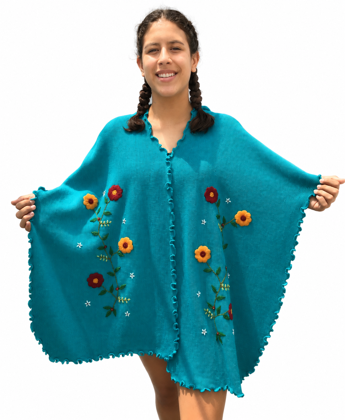 Turquoise Floral embroidery Alpaca Cape