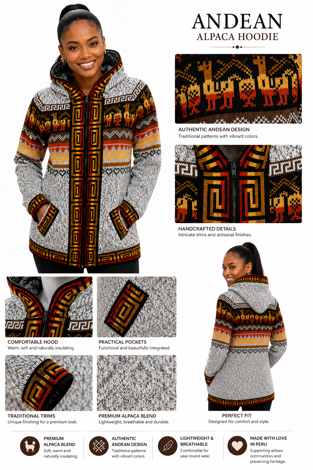 🦙 Andean Ember Alpaca Hooded Jacket Light Gray