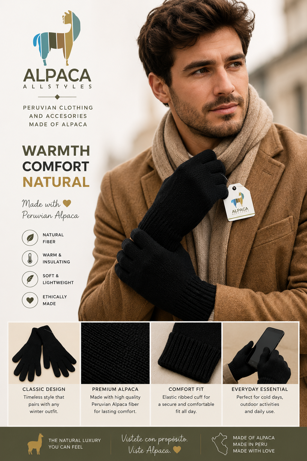 Andean Classic Men’s Alpaca Gloves – Black
