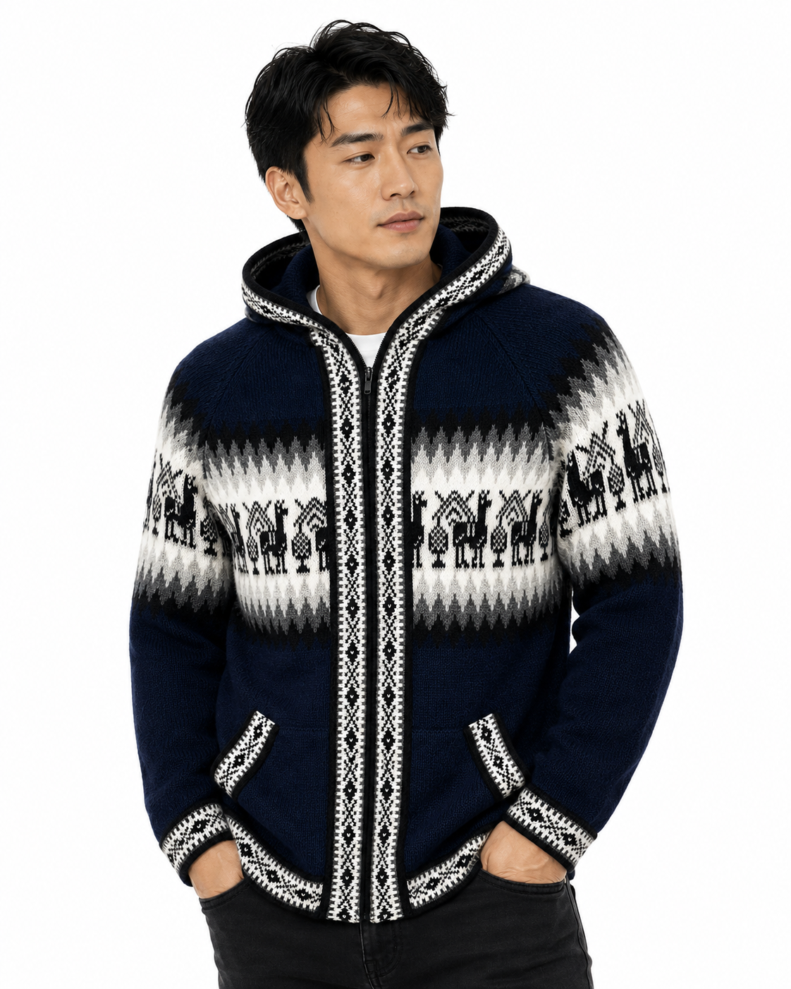 Men’s Andean Alpaca Hooded Sweater-Dark Blue