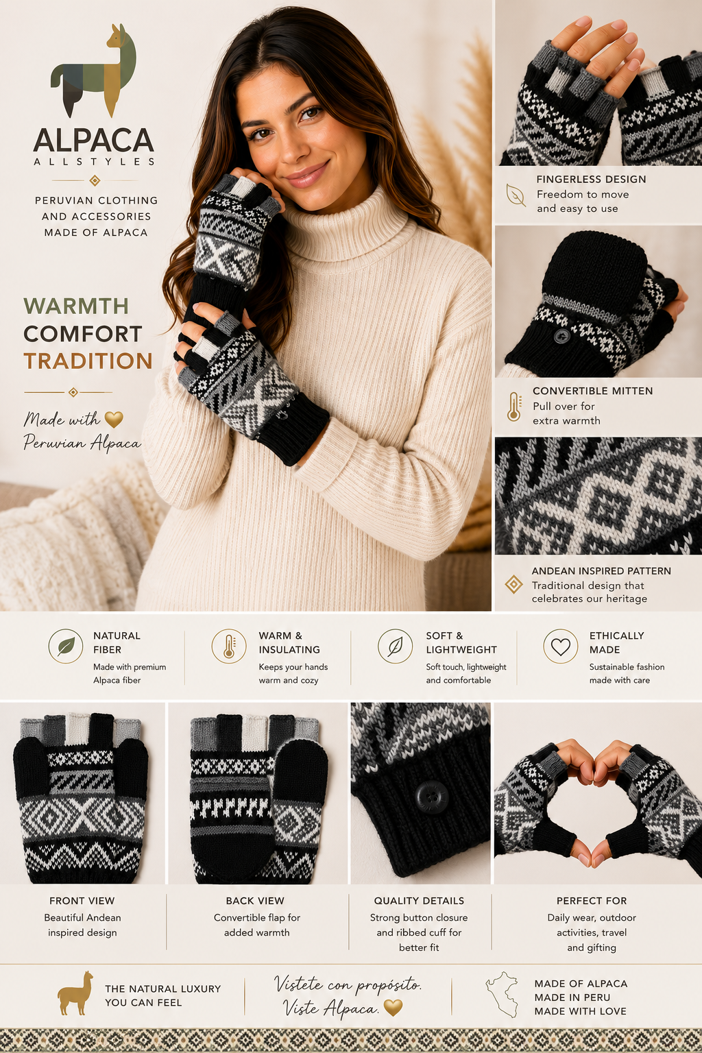 Andean Heritage Convertible Alpaca Gloves – Black & Ivory
