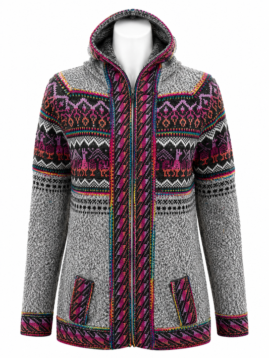 Andean Orchid Alpaca Hooded Sweater Gray