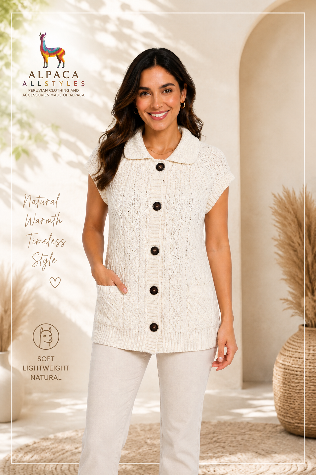 Ivory Elegance Alpaca Cable Knit Women’s Vest