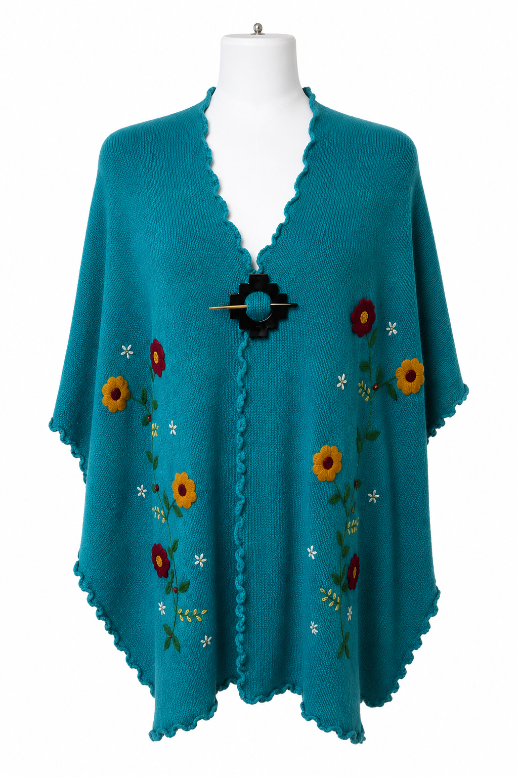 Turquoise Floral embroidery Alpaca Cape