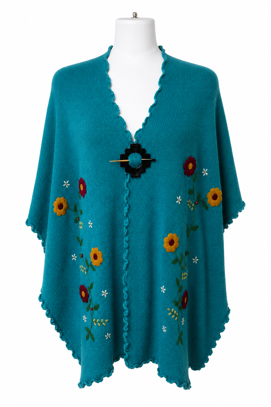 Turquoise Floral embroidery Alpaca Cape