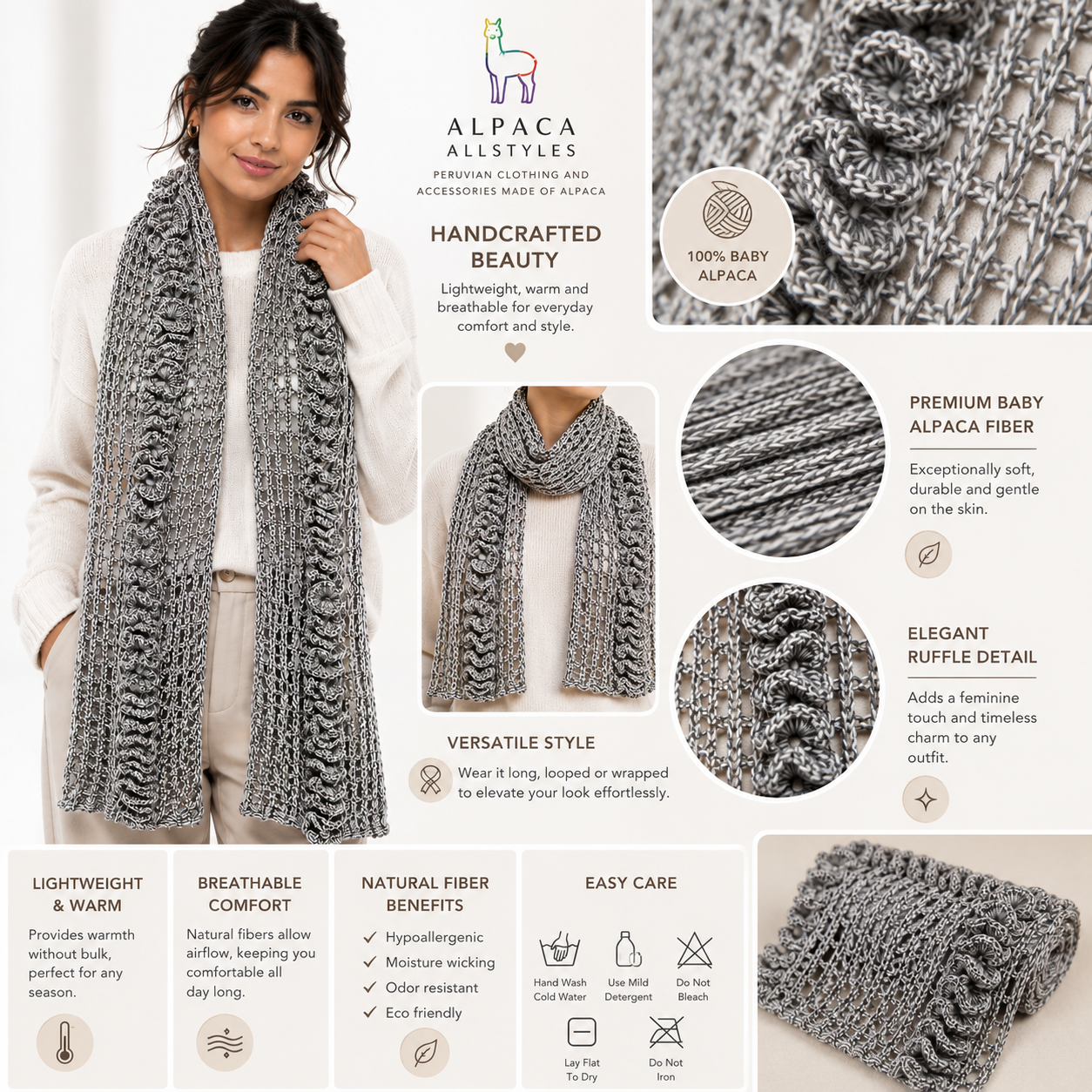 PRE-ORDER | Gray Mist Handmade Baby Alpaca Crochet Scarf