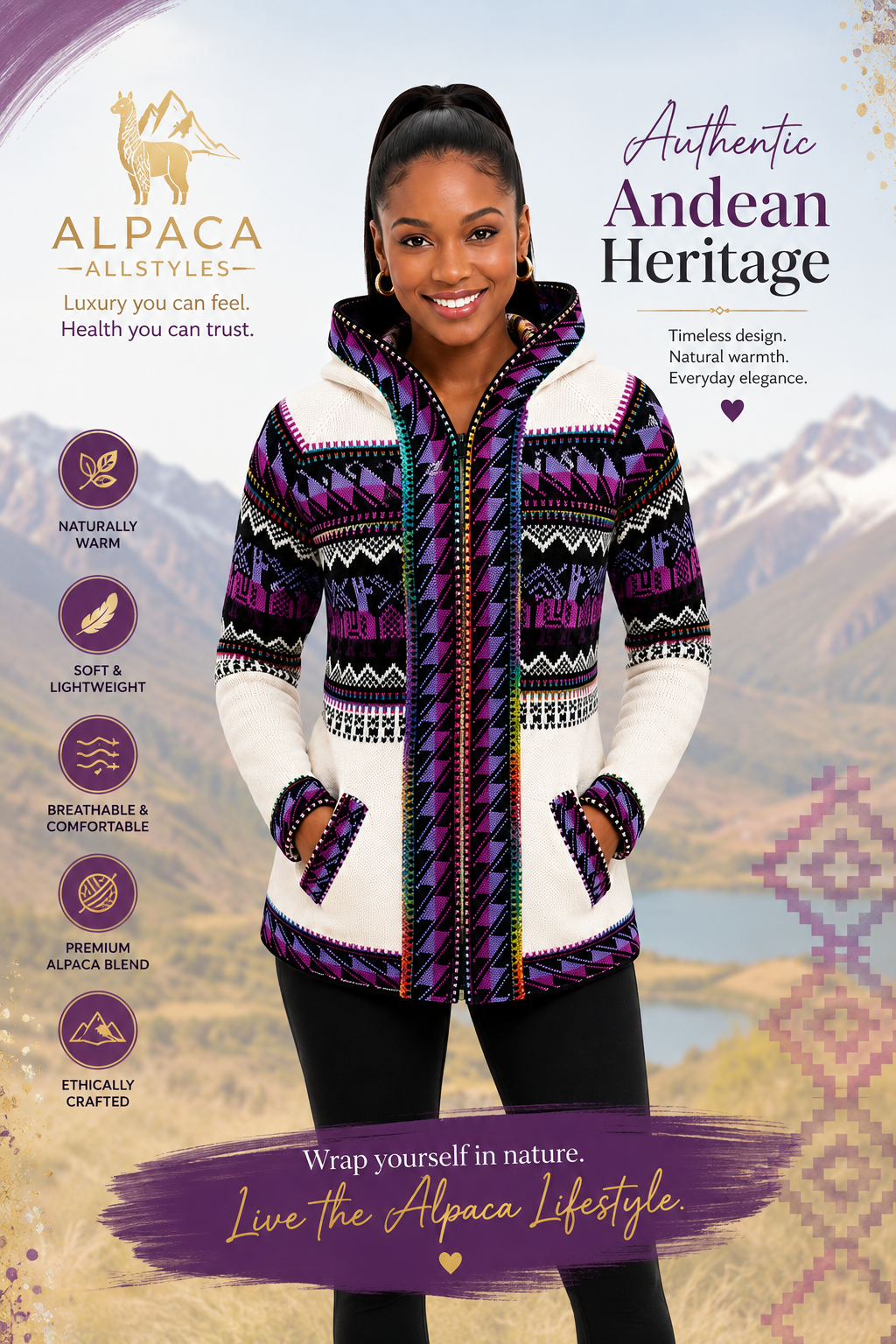 Andean Orchid Alpaca Hooded Sweater White