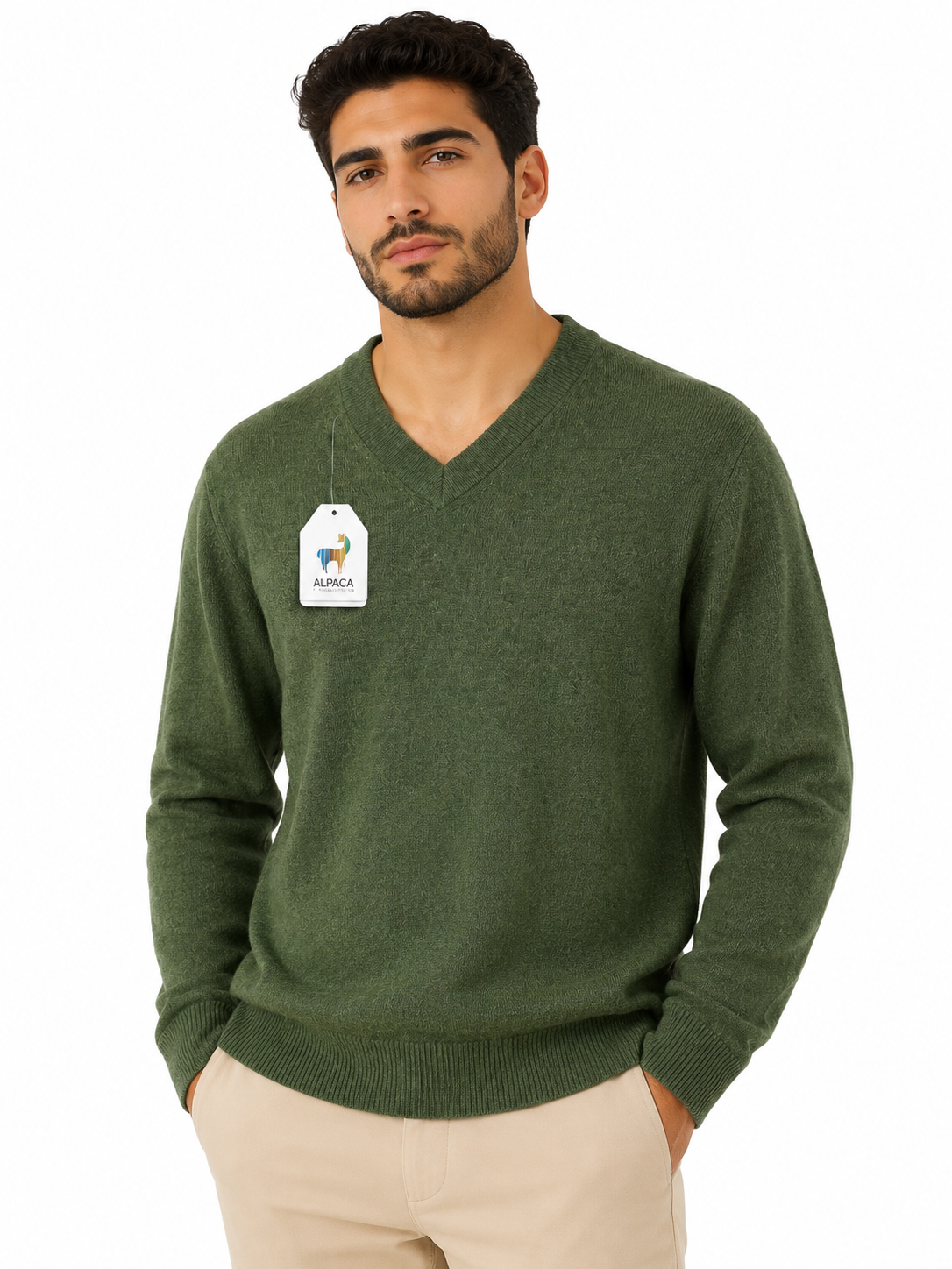 Olive Green Baby Alpaca V-Neck Sweater