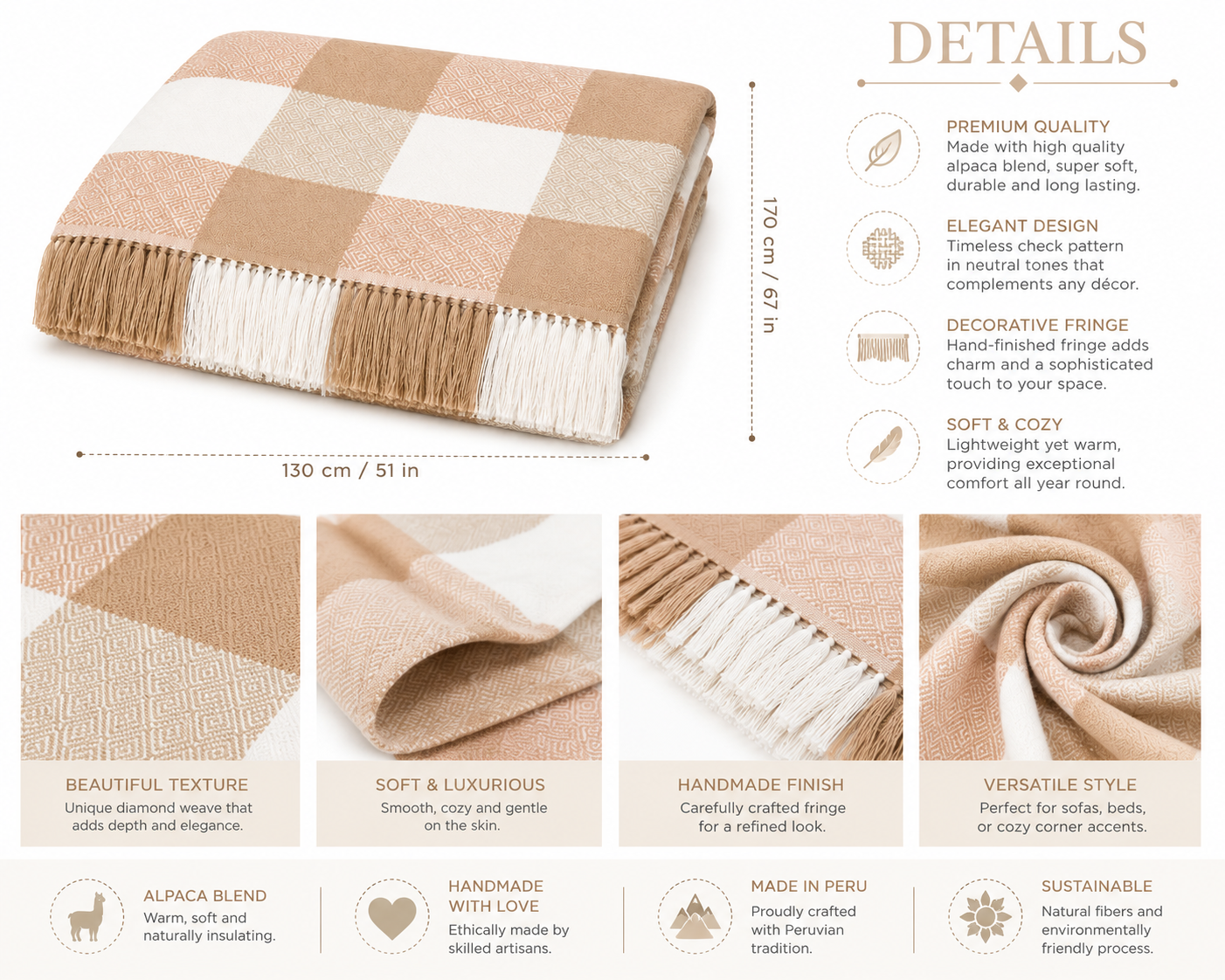 Andean Harmony Alpaca Throw Blanket – Neutral Checkered Design