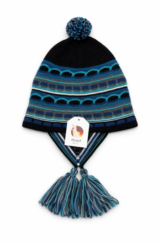 Blue Peruvian Alpaca Chullo Hat with Pom-Pom & Tassels
