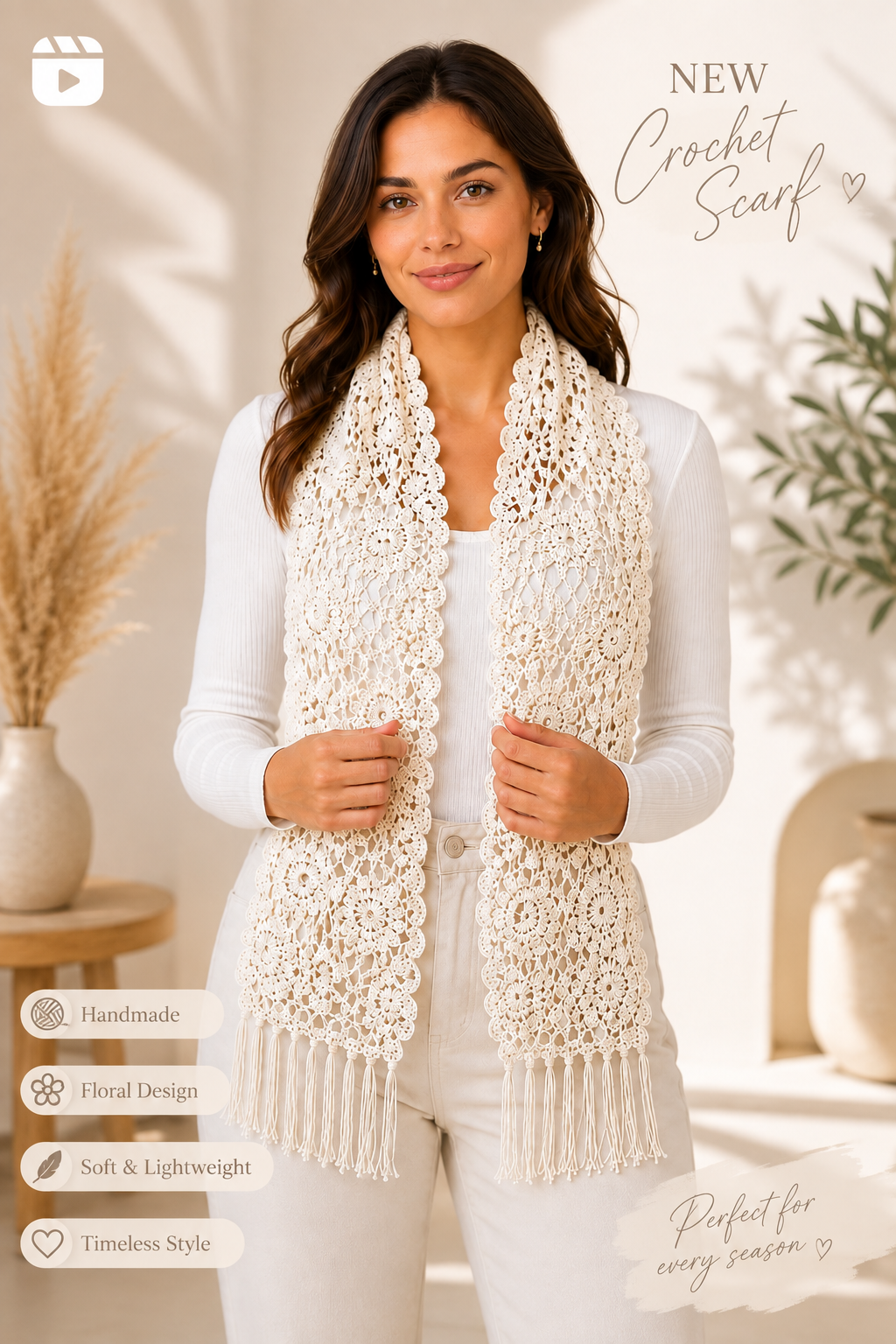 PRE-ORDER Ivory Handmade Baby Alpaca Crochet Scarf