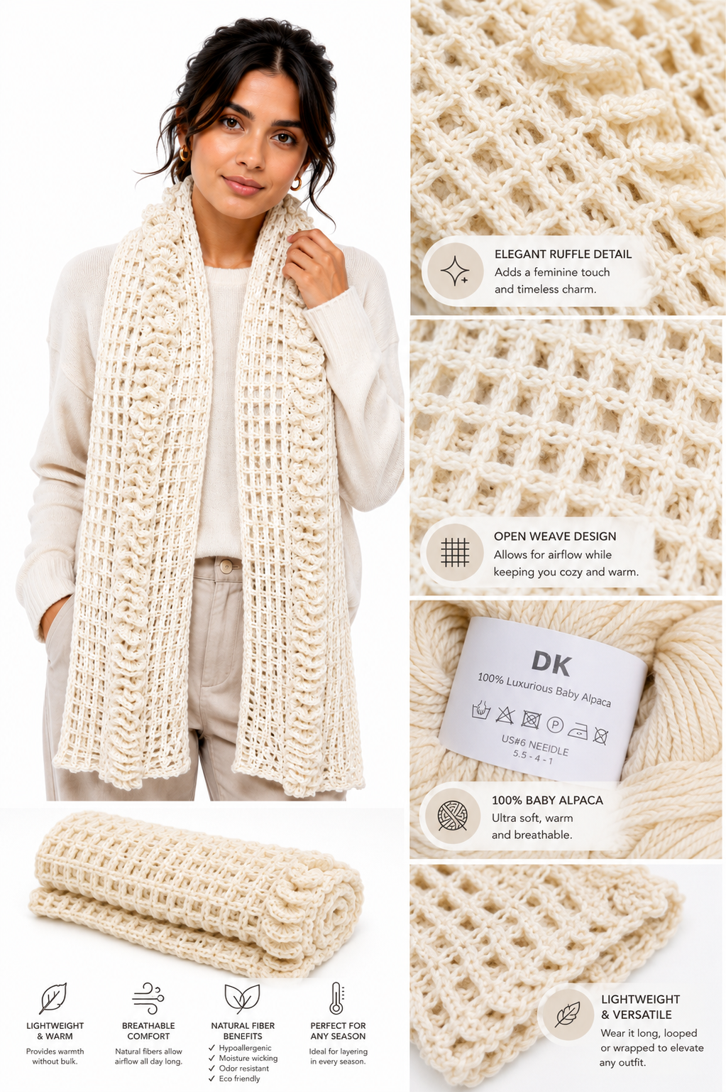 PRE-ORDER | Ivory Mist Handmade Baby Alpaca Crochet Scarf