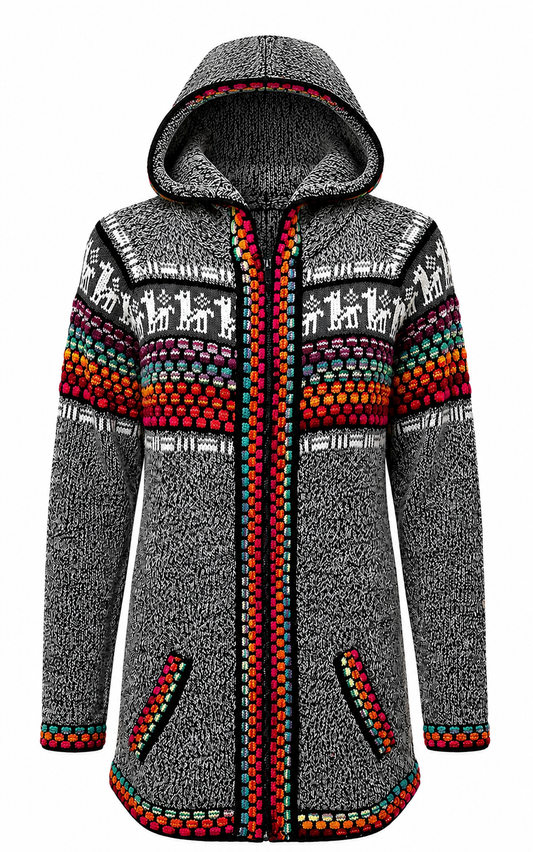 Artisan Chakra Gray Violet Alpaca Hooded Sweater.