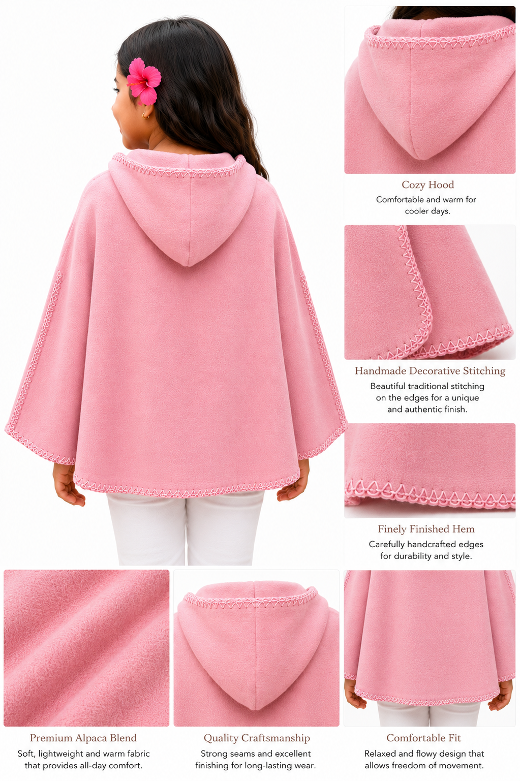 🌸 Little Andean Princess Alpaca Hooded Poncho – Pink