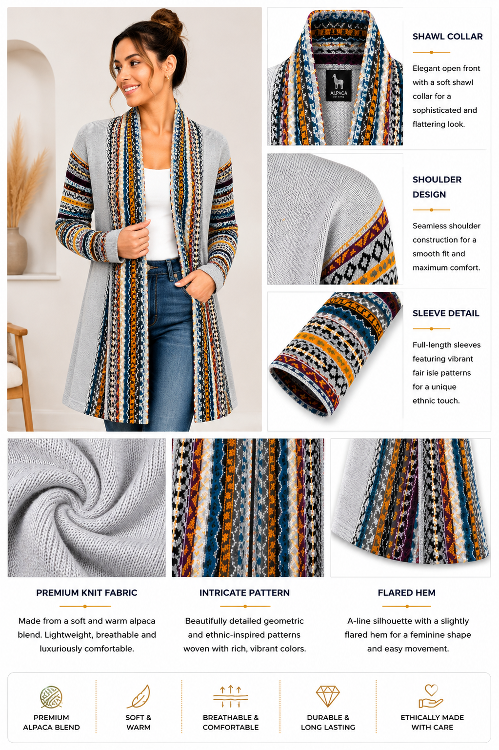 Midnight Inca Alpaca Cardigan Gray