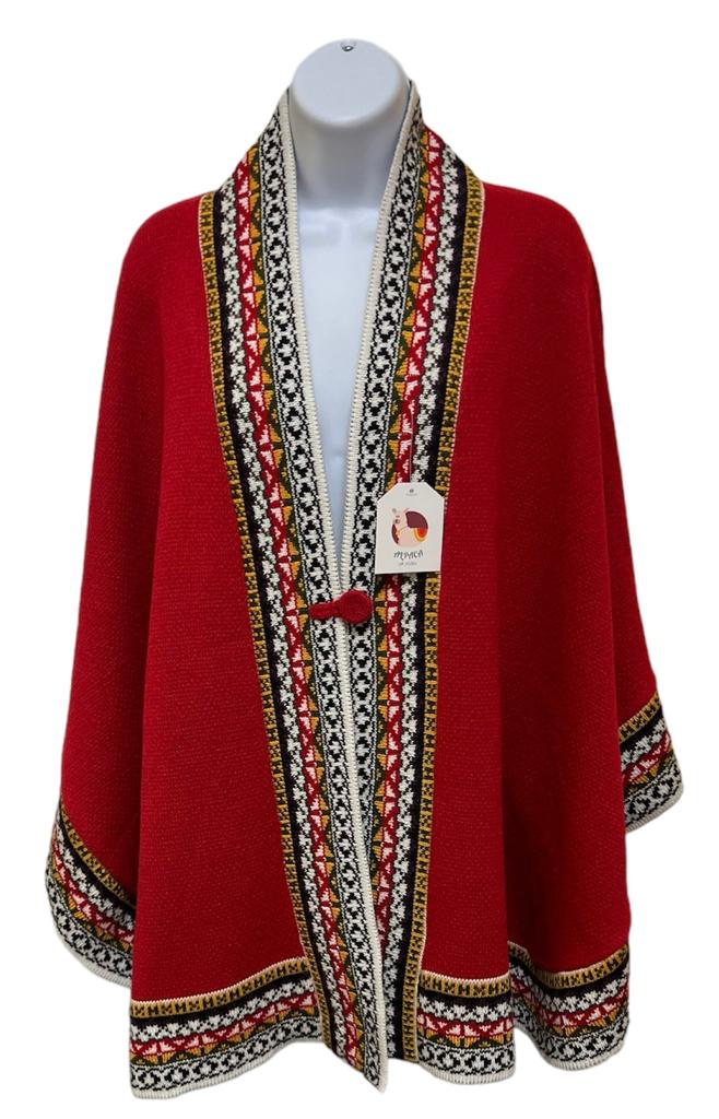 Red Alpaca Cape with white and yellow borders