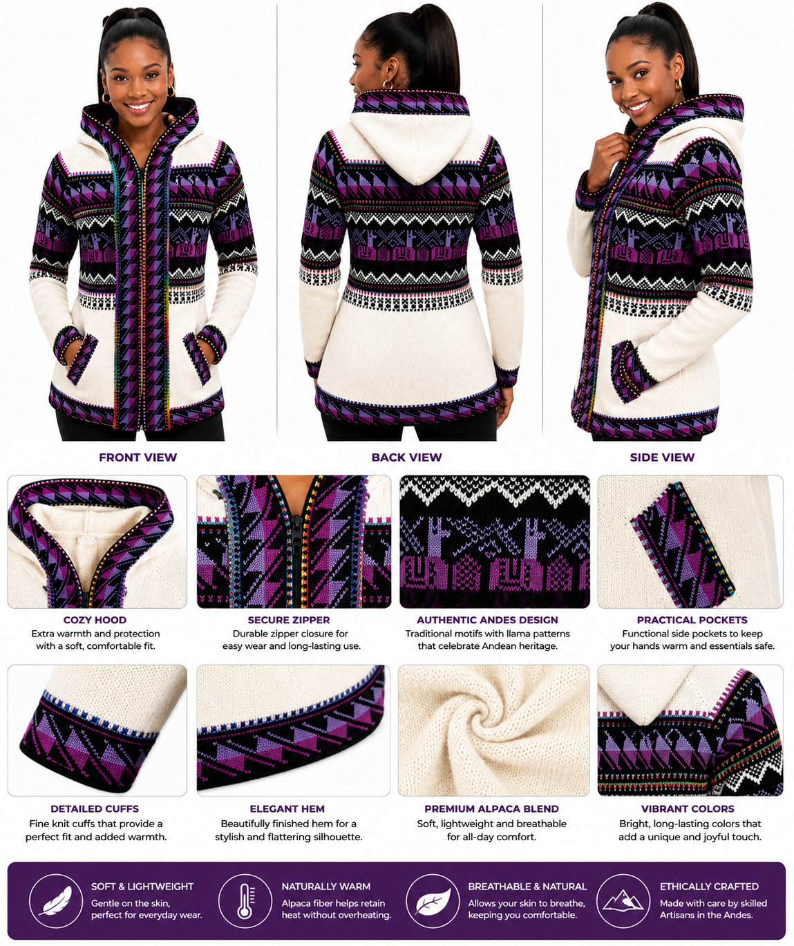 Andean Orchid Alpaca Hooded Sweater White