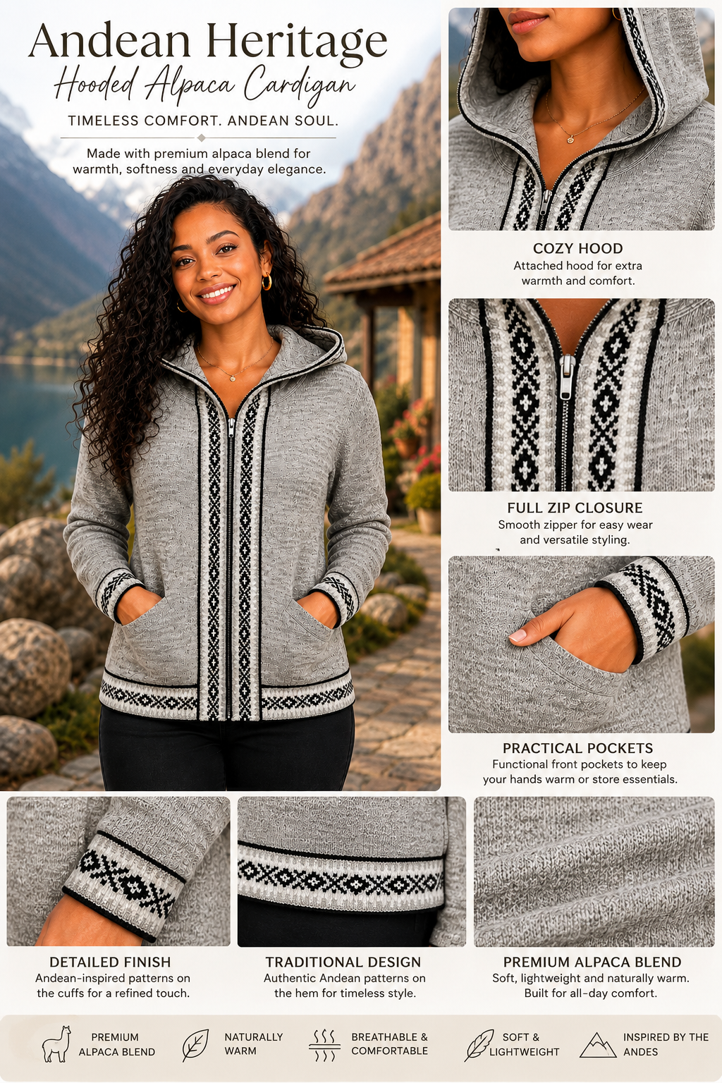 Andean Heritage Hooded Alpaca Cardigan- Gray