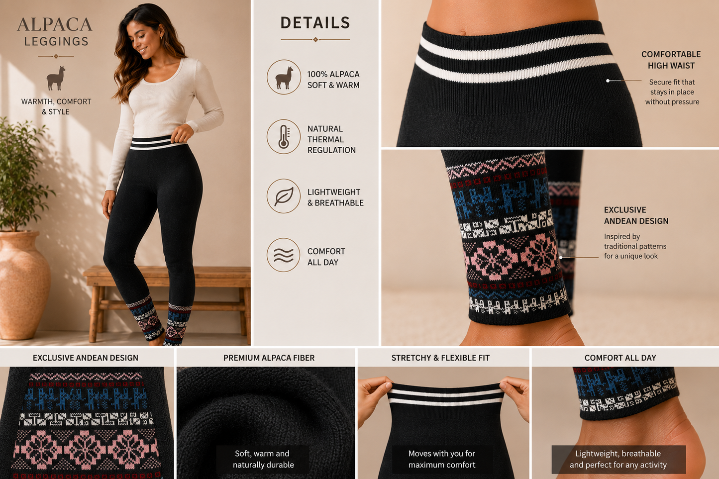Andean Women’s Alpaca Leggings – Gray with Nordic Pattern  