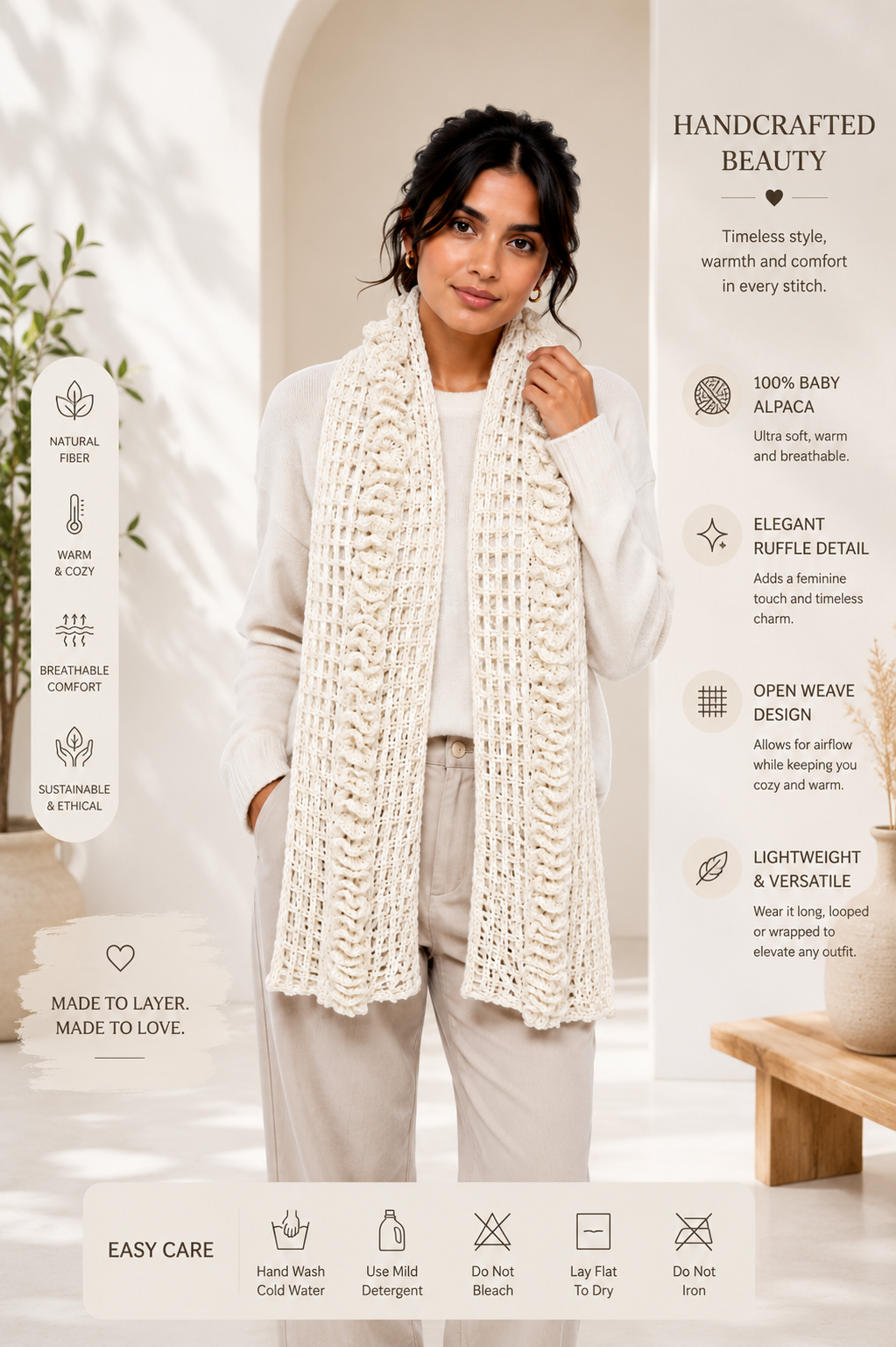 PRE-ORDER | Ivory Mist Handmade Baby Alpaca Crochet Scarf