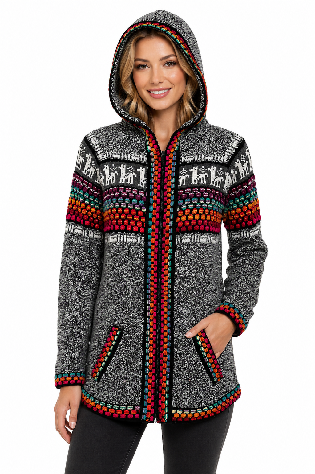 Artisan Chakra Gray Violet Alpaca Hooded Sweater.