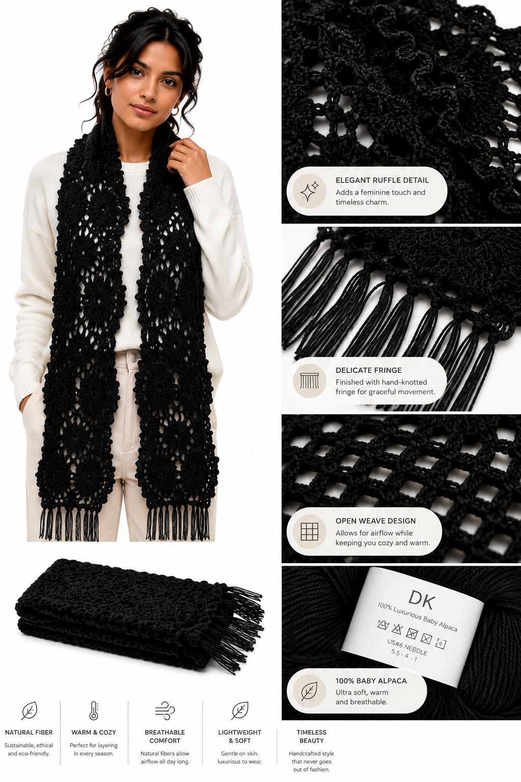 PRE-ORDER Black Handmade Baby Alpaca Crochet Scarf