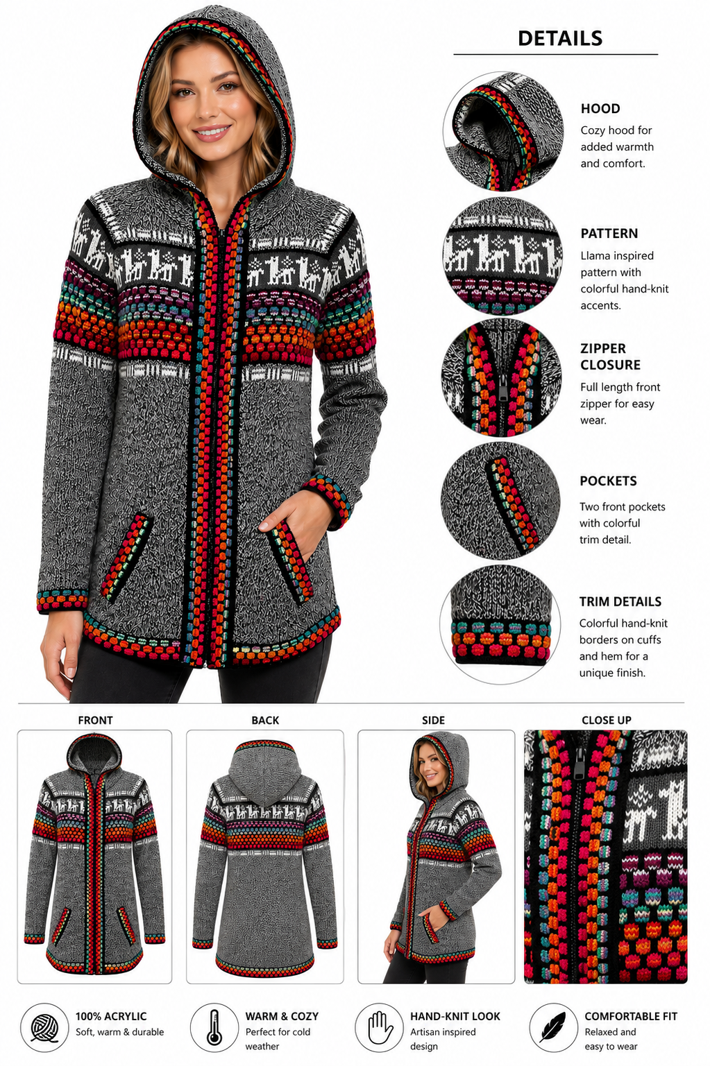 Artisan Chakra Gray Violet Alpaca Hooded Sweater.