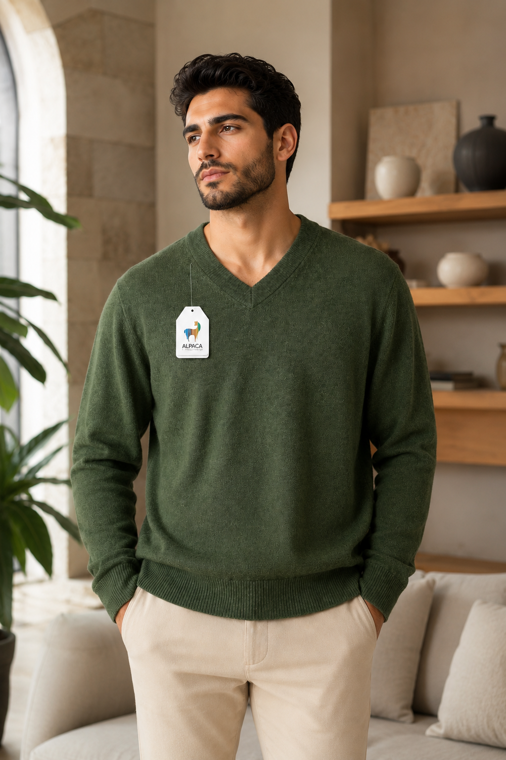 Olive Green Baby Alpaca V-Neck Sweater