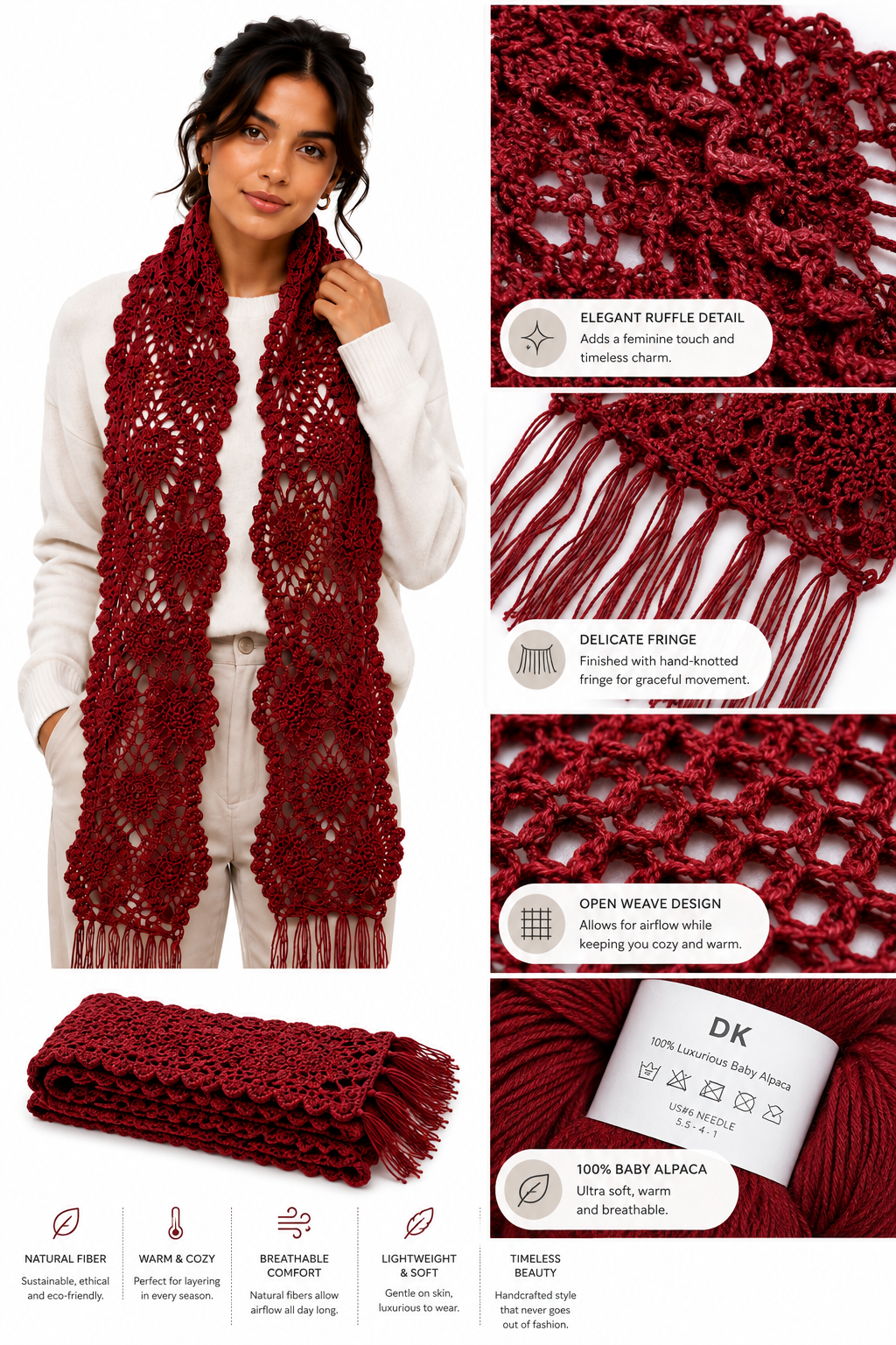 PRE-ORDER Red Handmade Baby Alpaca Crochet Scarf