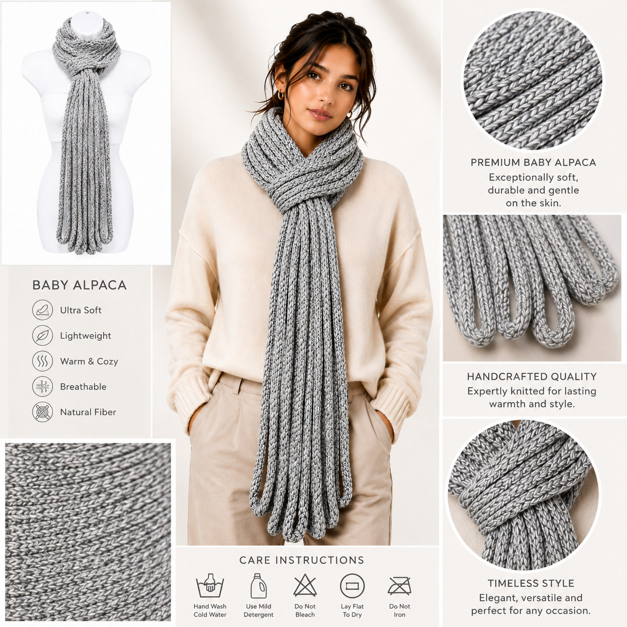 PRE-ORDER Handmade Silver Mist Baby Alpaca Scarf