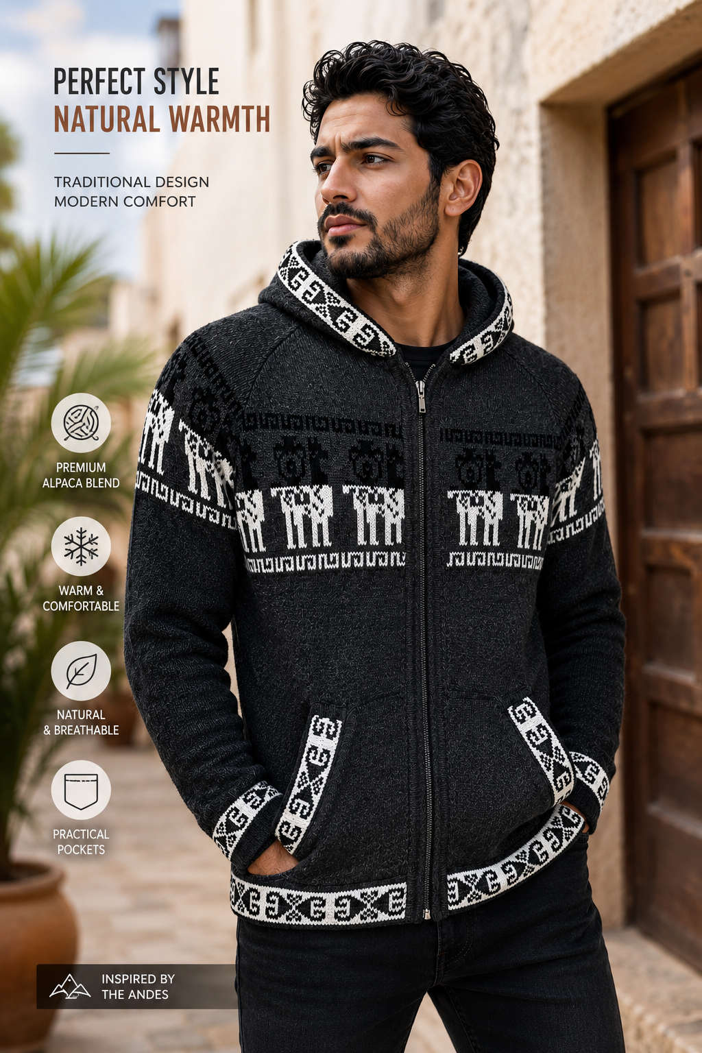 Men’s Andean Alpaca Hoodie Sweater- Dark Gray