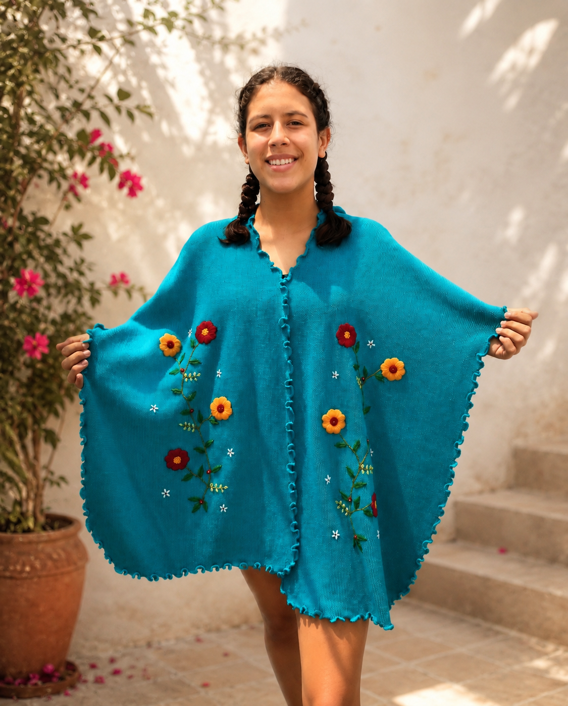 Turquoise Floral embroidery Alpaca Cape