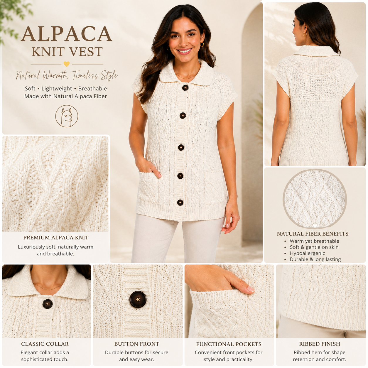 Ivory Elegance Alpaca Cable Knit Women’s Vest