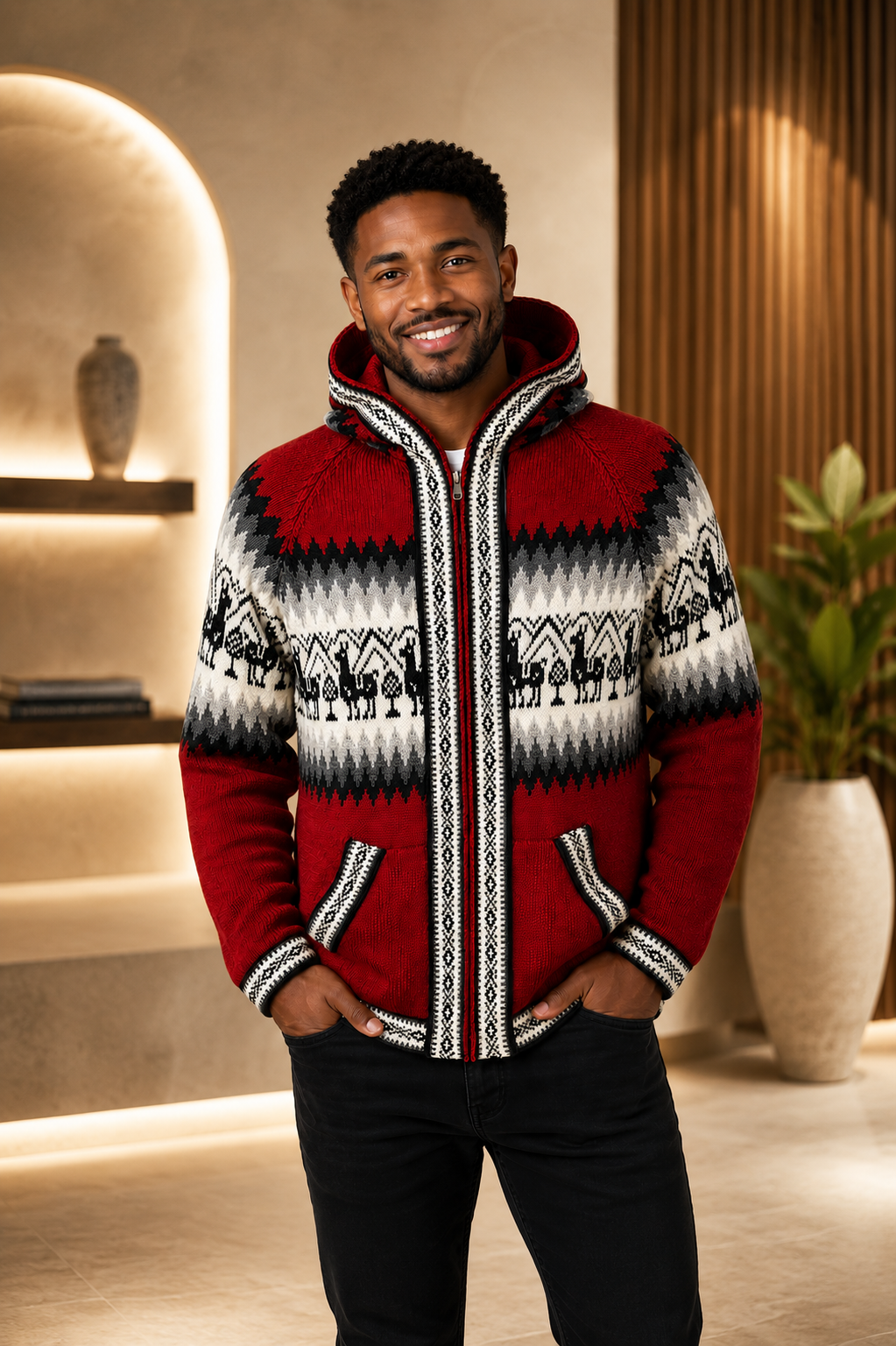 Men’s Andean Alpaca Hooded Sweater – Red