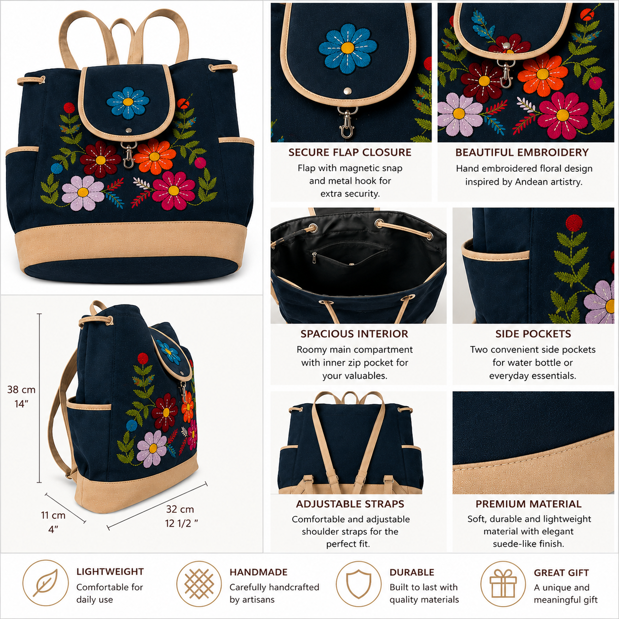 Andean Floral Embroidered Navy Backpack